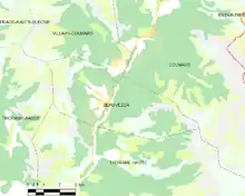 Carte élémentaire montrant les limites de la commune, les communes voisines, les zones de végétation et les routes