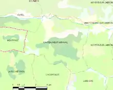 Carte élémentaire montrant les limites de la commune, les communes voisines, les zones de végétation et les routes