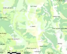  Carte élémentaire montrant les limites de la commune, les communes voisines, les zones de végétation et les routes