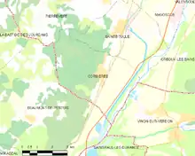 Carte élémentaire montrant les limites de la commune, les communes voisines, les zones de végétation et les routes