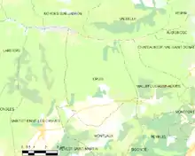 Carte élémentaire montrant les limites de la commune, les communes voisines, les zones de végétation et les routes