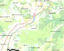 Carte élémentaire montrant les limites de la commune, les communes voisines, les zones de végétation et les routes