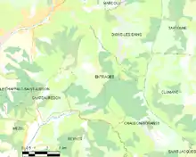 Carte élémentaire montrant les limites de la commune, les communes voisines, les zones de végétation et les routes