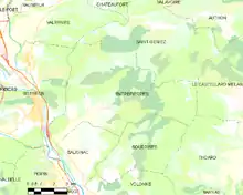 Carte élémentaire montrant les limites de la commune, les communes voisines, les zones de végétation et les routes