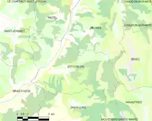  Carte élémentaire montrant les limites de la commune, les communes voisines, les zones de végétation et les routes