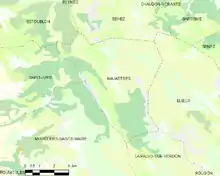 Carte élémentaire montrant les limites de la commune, les communes voisines, les zones de végétation et les routes