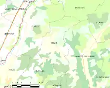 Carte élémentaire montrant les limites de la commune, les communes voisines, les zones de végétation et les routes