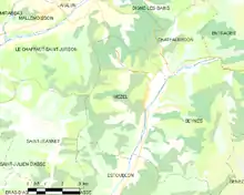 Carte élémentaire montrant les limites de la commune, les communes voisines, les zones de végétation et les routes