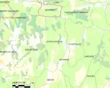 Carte élémentaire montrant les limites de la commune, les communes voisines, les zones de végétation et les routes