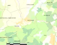 Carte élémentaire montrant les limites de la commune, les communes voisines, les zones de végétation et les routes