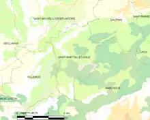 Carte élémentaire montrant les limites de la commune, les communes voisines, les zones de végétation et les routes