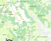 Carte élémentaire montrant les limites de la commune, les communes voisines, les zones de végétation et les routes