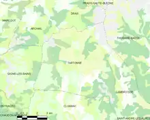 Carte élémentaire montrant les limites de la commune, les communes voisines, les zones de végétation et les routes