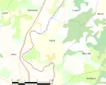 Carte élémentaire montrant les limites de la commune, les communes voisines, les zones de végétation et les routes
