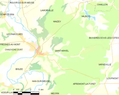 VCarte de la commune de Saint-Mihiel et des communes limitrophes.