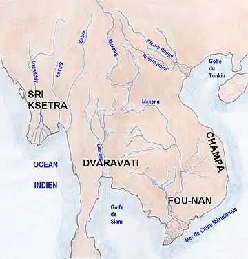 Indianisation et sinisation, le "Fou-nan" au moment de sa disparition au VIe&nbsp;siècle, et de l'émergence de Dvaravati.