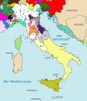 Carte de l’Italie en 1402 : le patriarcat est en vert foncé ; la république de Venise en turquoise