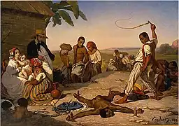 Le châtiment des quatre piquets (1843), scène de sévice corporel infligé à des esclaves dans les colonies. Il fut refusé par le jury du Salon du Louvre de 1843,.