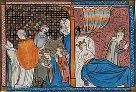 Miniature scindée en deux parties : la première montre Louis et Marguerite de Provence agenouillés devant l'évêque qui les marie ; la seconde représente Marguerite allongée et Saint Louis priant à côté du lit conjugal.