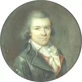 Portrait d'homme en redingote à rayures grises et gilet rouge, vers 1794-1798, miniature, aquarelle sur ivoire, diamètre 5,9&nbsp;cm (Vienne, Albertina)