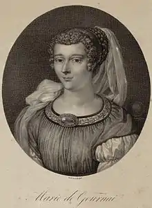 Dessin représentant une femme souriante, bien vêtue.