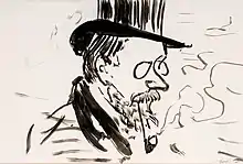 Dessin à l'encre noire d'un homme en buste et de trois-quarts face, avec haut-de-forme et lorgnon