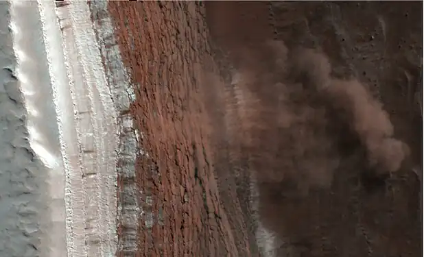 Avalanche déclenchée par le dégel dans la calotte polaire et photographiée en février 2008. Le nuage de débris fait environ 200&nbsp;mètres de long et la falaise a une hauteur de 700&nbsp;mètres et pente d'environ 60°. Sa partie supérieure est couverte de dioxyde de carbone gelé.