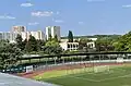 Le terrain de football d'honneur et la piscine