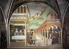 Image d'une peinture montrant sous un grand arc, à gauche un banquet, avec Hérode en tête de table et trois invités et devant eux, debout plusieurs dignitaires. Au-dessus, au-delà d'une frise d'angelots et de festons, se trouve une petite loggia avec des arcs. À droite, sous un très long portique avec des colonnes et des arcs en plein cintre se déroule la scène de la remise par Salomé à Hérodiade de la tête de Saint Jean-Baptiste. En arrière-plan, se trouve un paysage montagneux avec au loin l'enterrement du Baptiste.