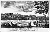 Gravure du XVIIIe siècle montrant une abbaye entourée de champs et de forêts.