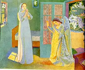 Peinture. Marie est debout les mains en prière, l'ange à genoux les mains levées et l'intérieur moderne.