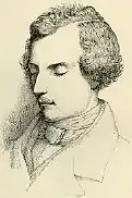 Gravure noir et blanc du buste d'un jeune homme qui ferme les yeux. Le haut de ses vêtements trahit la mode de la première partie du XIXe&nbsp;siècle.
