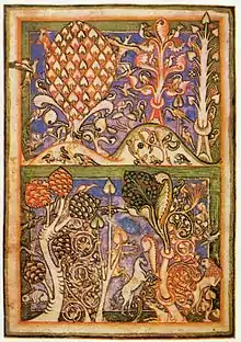 Arbre et animaux, décoratifs et symboliques.