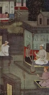 Un démon féminin s'entretient avec un roi, illustration d'un manuscrit de 1602.