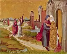 La rencontre de Joachim et d'Anne à la Porte dorée (Begegnung von Joachim und Anna an der goldenen Pforte), vers 1460, peinture sur bois, 85×106&nbsp;cm, Munich, Alte Pinakothek.
