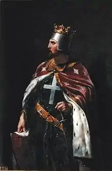 Tableau d'un roi couronné en armes de chevalier.