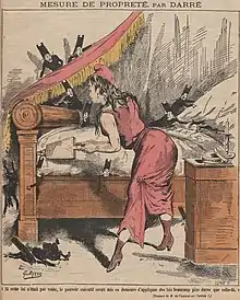 Dessin en couleurs représentant Marianne, un soufflet à la main, chassant des jésuites miniatures d'un lit marqué « France ».