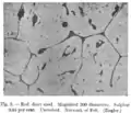 Métallographie montrant des inclusions de sulfure de fer aux joints de grain, qui rendent cet acier cassant à chaud.