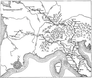 Carte représentant le trajet emprunté par Montaigne pour se rendre en Italie à travers les Vosges et les Alpes, le départ étant à Beaumont-sur-Oise et l'arrivée à Montaigne (près de Bordeaux)