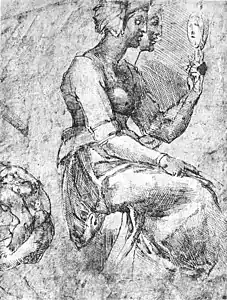La Prudence assise, plume et encre brune sur papier, Raffaello da Montelupo d'après Michel-Ange (1514-1516)