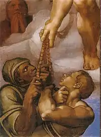 Détail, un homme de couleur est hissé avec une corde.