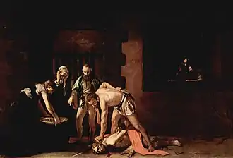 Toile représentant un homme décapité dont le bourreau ramasse la tête pour la mettre dans un plat porté par une femme.