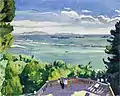 Peinture représentant une terrasse avec deux femmes assises, et derrière des arbres, la mer, une digue, et des montagnes tout au fond