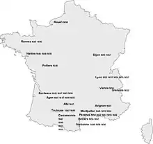 Carte de France où sont identifiés les divers lieux où a séjourné la troupe de Molière