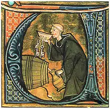 Cellérier en train de goûter le vinLivre de Santé d'Aldebrandino de Sienne, XIVe&nbsp;siècle