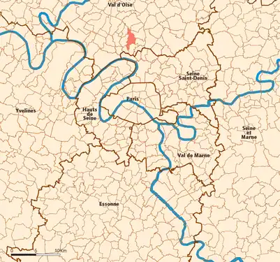 Carte. Des traits noirs et gris figurent les limites administratives. Des traits bleus figurent les cours d'eau.