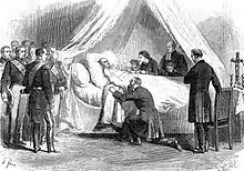 Mort du roi Léopold&nbsp;Ier au château de Laeken le 10 décembre 1865 dans la petite chambre des Gobelins (par Gustave Janet).