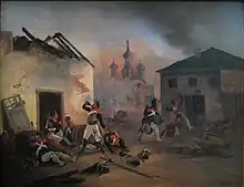 Soldats en maraude au milieu de ruines.