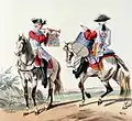 Musiciens-mousquetaires du roi en 1724, hautboïste de la 2e&nbsp;compagnie et tambour de la 1re&nbsp;compagnie.