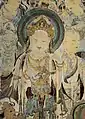 Guanyin entourée d'autres bodhisattvas, en bas un roi céleste (?). Début Tang (7e&nbsp;s)Grotte  N° 57, mur sud